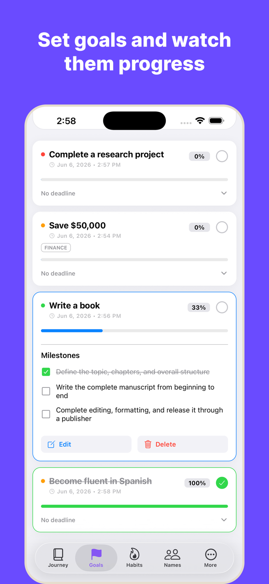 WispDay goal tracking and milestone interface
