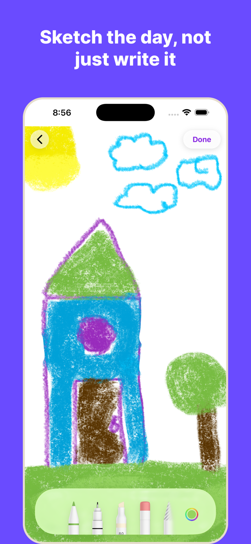 WispDay drawing canvas feature for sketching within daily journal logs